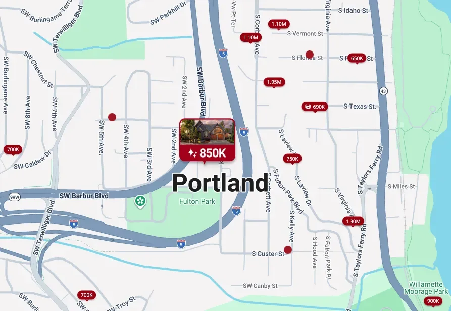 Map of Southwest Portland where one listing renders as a large photograph priced at $850K while every surrounding listing shows only as a small red price marker.