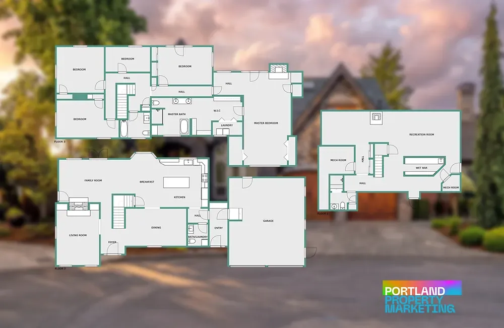 Portland Property Marketing floor plan for a three-storey listing, each floor drawn separately with every room labelled, including bedrooms, master suite with walk-in closet, kitchen and breakfast area, family and living rooms, garage, and a lower-level recreation room with wet bar.